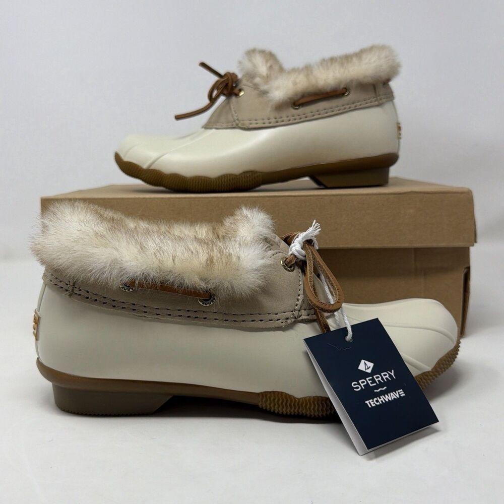 Sperry Saltwater Cozy Duck Boots Women 7 Ivory Tan Faux Fur Waterproof NIB